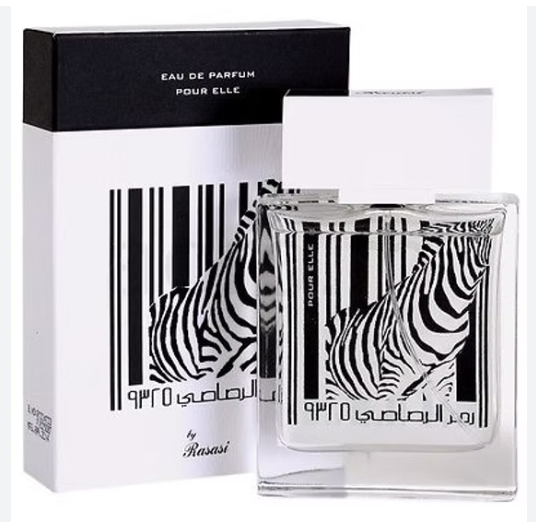 A bottle of Rasasi Pour Elle Eau de Parfum with a matching box, both featuring a black and white zebra barcode graphic on a white background.
