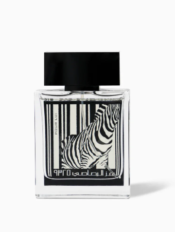 A rectangular clear glass perfume bottle with a black cap and a black-and-white zebra graphic on the front, photographed on a light gray background.