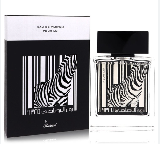 A bottle of Pour Lui Eau de Parfum by Kenzo next to its retail box. The packaging features a bold black and white zebra print over a barcode design, with the Kenzo logo at the bottom.