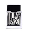 A rectangular glass perfume bottle with a black cap, featuring a black and white zebra print over vertical stripes on the front label. The text 'POUR LUI' is visible on the left side of the label.