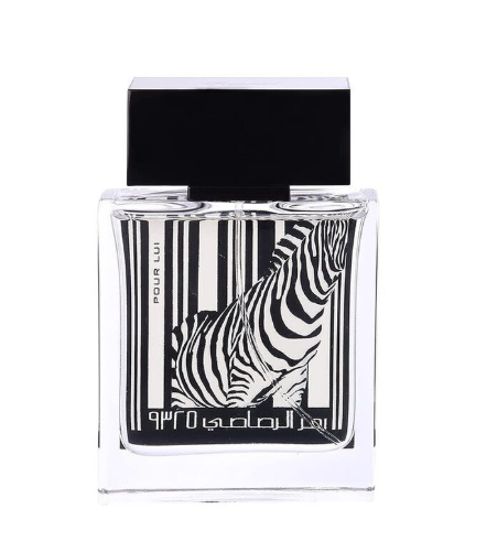 A rectangular glass perfume bottle with a black cap, featuring a black and white zebra print over vertical stripes on the front label. The text 'POUR LUI' is visible on the left side of the label.