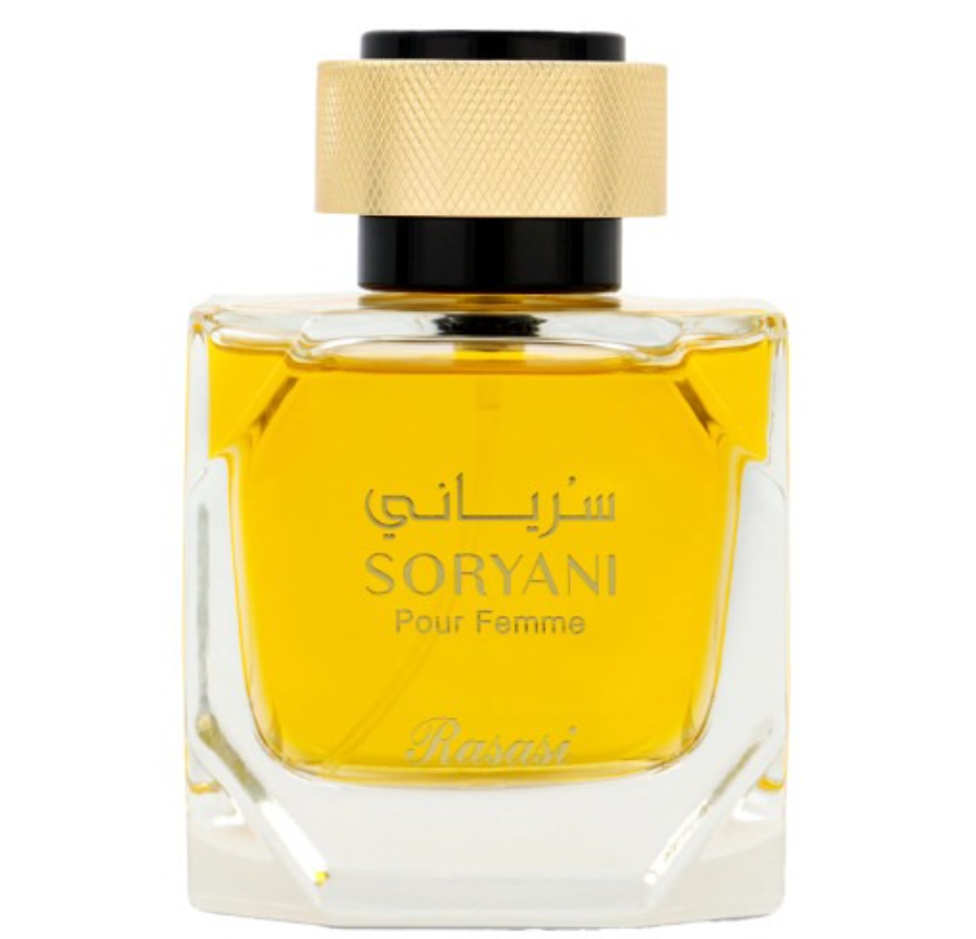 A bottle of Rasasi Soryani Pour Femme fragrance, featuring a clear glass bottle filled with golden-yellow liquid, a textured gold cap, and a black collar, set against a plain white background.