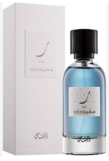 Sotoory Raa perfume bottle with light blue liquid and a black cap, shown next to its white packaging box.