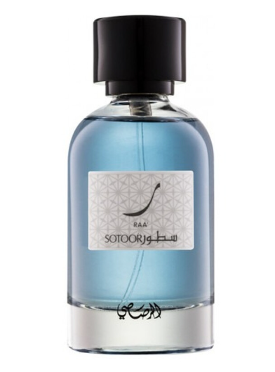 A clear glass bottle of Sotoory Raa fragrance with light blue liquid, a black cap, and a white label with black text, shown on a plain white background.