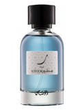 A clear glass bottle of Sotoory Raa fragrance with light blue liquid, a black cap, and a white label with black text, shown on a plain white background.
