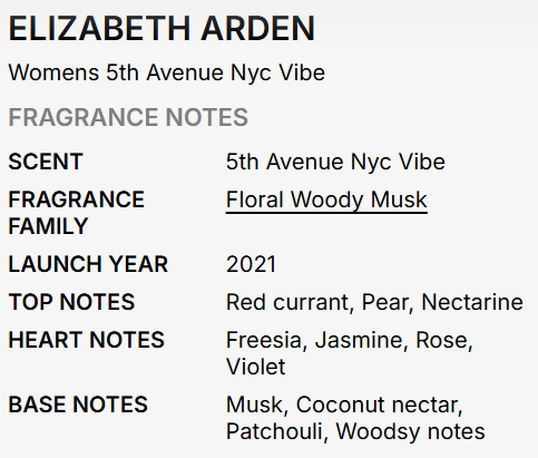 A text-based fragrance notes card for Elizabeth Arden's 'Womens 5th Avenue NYC Vibe' perfume, detailing scent, family, launch year, and top/base notes.