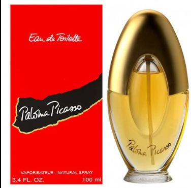 Palmisica Piccola Eau de Toilette perfume bottle with a metallic gold cap next to its red and black packaging box.