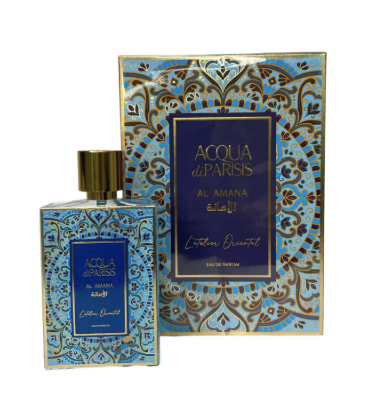 Acqua di Paris Al Manna Al-Ahlia Leather Breeze perfume bottle and its ornate patterned box, featuring blue, gold, and white designs on a white background.