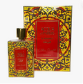 Accqua d'Paris Al Mubarak Eau de Parfum bottle and its matching decorative box, featuring a vibrant yellow, red, and blue patterned design with a gold cap.