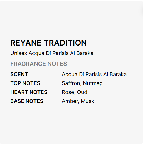 A text-based fragrance note card for REYANE TRADITION, showing the unisex scent name and listed notes: Acqua Di Paris Isfahan Al Baraka, Saffron and Nutmeg, Rose and Oud, with Amber and Musk at the bottom, on a light gray background.