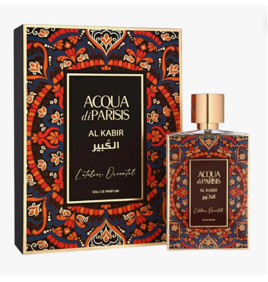 Acqua di Paris Al Kabir L'Esprit Oriental Eau de Parfum shown with its ornate patterned box and matching bottle on a plain white background.
