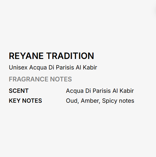 A text-based fragrance note card for REYANE TRADITION, showing the product name 'Unisex Acqua Di Parisis Al Kabir' and scent/key notes 'Acqua Di Parisis Al Kabir' and 'Oud, Amber, Spicy notes' on a light gray background.