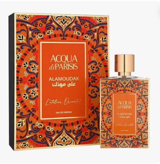 Acqua di Paris Alamoudak Eau de Parfum bottle and its matching decorative packaging box, featuring a vibrant red and orange patterned design with gold and blue accents.