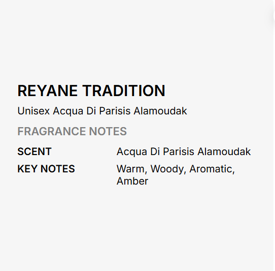 A text-based fragrance note card for REYANE TRADITION, showing the unisex scent 'Acqua Di Parisis Alamoudak' with key notes listed as warm, woody, aromatic, and amber.