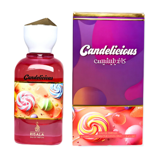 Risala Candelicious Eau de Parfum bottle next to its purple and pink packaging box, featuring a colorful lollipop illustration on a white background.