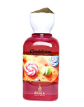 A bottle of RISALA Candelicious Eau de Parfum with a red translucent body, a white and gold cap, and a colorful label depicting various lollipops and candies.