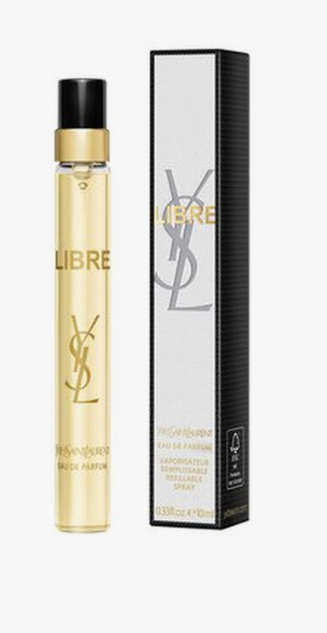 YSL Libre Eau de Parfum refill spray bottle next to its black and white packaging box, featuring the iconic YSL monogram.