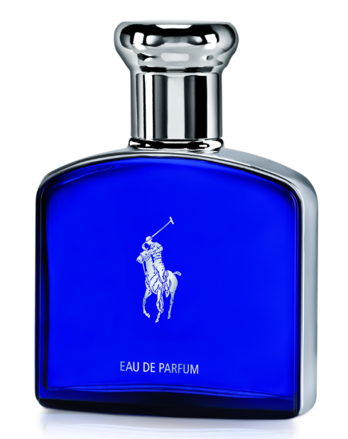 Polo Ralph Lauren Blue Eau de Parfum bottle, featuring a vibrant cobalt blue glass body with the white Polo pony logo and silver chrome accents on a white background.