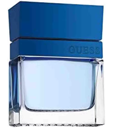 Guess Blue cologne bottle with a blue cap and light blue liquid in a clear glass container, on a white background.