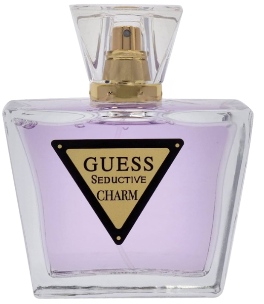 Guess Seductive Charm perfume bottle with light purple liquid, a gold spray pump, and a black and gold triangular logo on a white background.