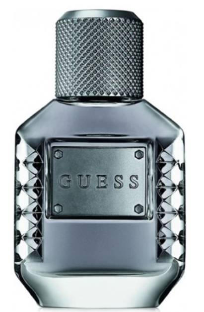 A Guess fragrance bottle with a textured metallic silver cap and a matching silver front plate embossed with the GUESS brand name, shown on a plain white background.