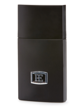 A black rectangular perfume bottle with a silver metallic 'BE' logo plaque on the front, set against a plain white background.