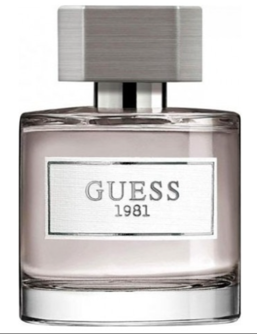 A bottle of GUESS 1981 fragrance with a brushed silver cap and a silver label on a clear glass bottle containing a pale pinkish liquid, shown against a white background.