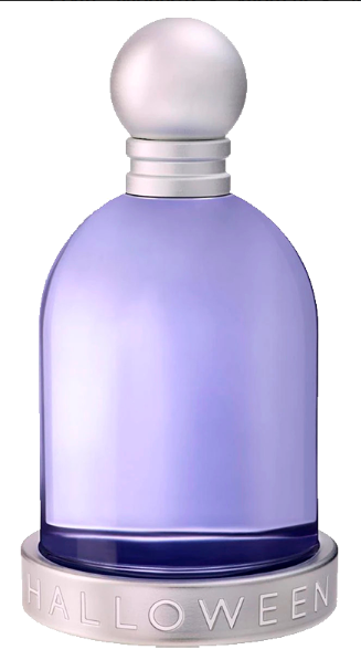 A purple glass perfume bottle with a silver spherical cap and a silver base engraved with the word HALLOWEEN, shown on a plain white background.
