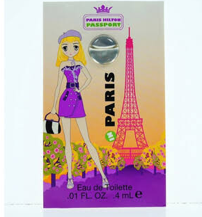 A Paris Hilton Passport Eau de Toilette spray card, featuring a cartoon illustration of Paris Hilton in a purple dress next to a pink Eiffel Tower graphic, with a clear circular window showing the silver atomizer cap.