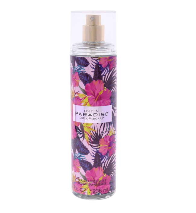 A bottle of Sophia Vergara Lost in Paradise Eau de Parfum, featuring a vibrant pink and purple tropical floral pattern with a gold spray nozzle and a clear cap, set against a plain white background.