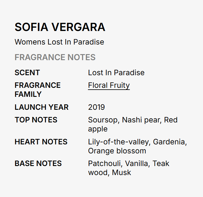 A text-based fragrance notes card for Sofia Vergara's 'Womens Lost In Paradise' perfume, detailing scent, fragrance family, launch year, top notes, heart notes, and base notes on a light gray background.