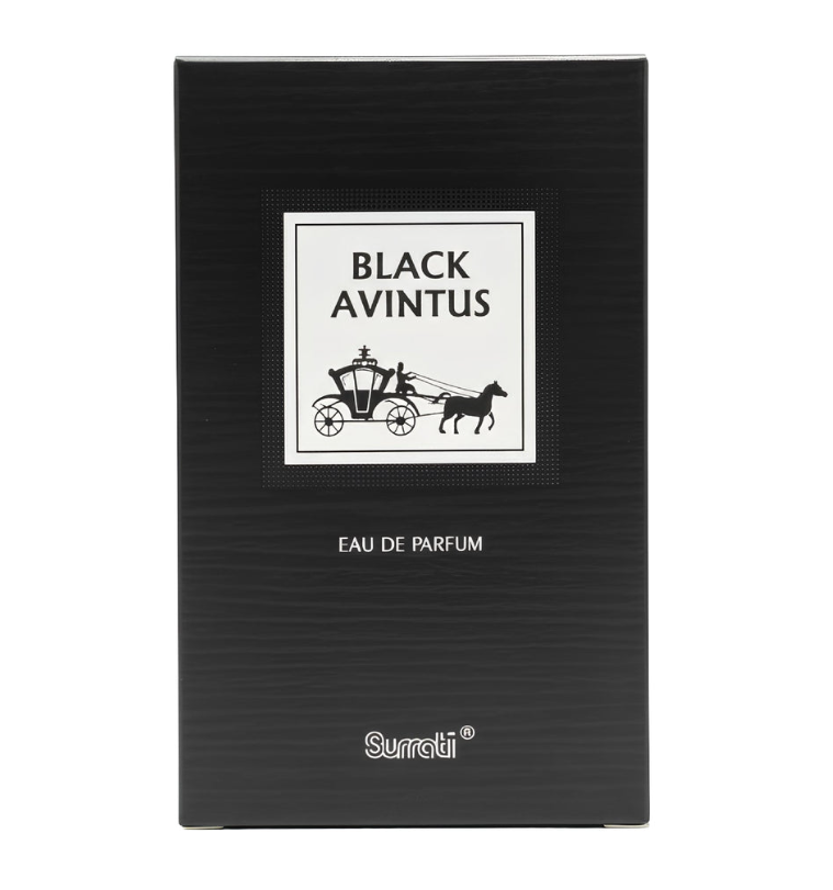 Black rectangular perfume box with a white central label reading 'BLACK AVINTUS' and 'EAU DE PARFUM', plus the brand name 'Surreti' near the bottom, shown on a white background.