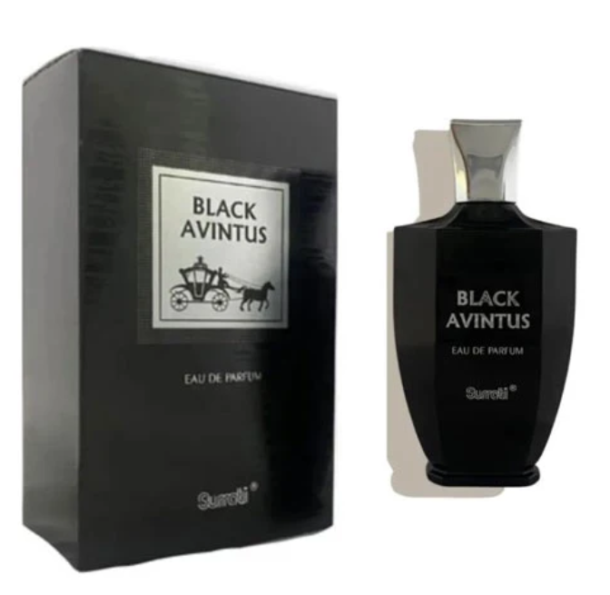 Black Avintus Eau de Parfum by Sumeli, shown with its black packaging box and the perfume bottle on a white background.