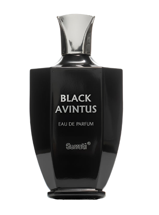 A glossy black perfume bottle with a silver cap, labeled 'BLACK AVINTUS' and 'Surrati', on a plain white background.
