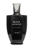 A glossy black perfume bottle with a silver cap, labeled 'BLACK AVINTUS' and 'Surrati', on a plain white background.