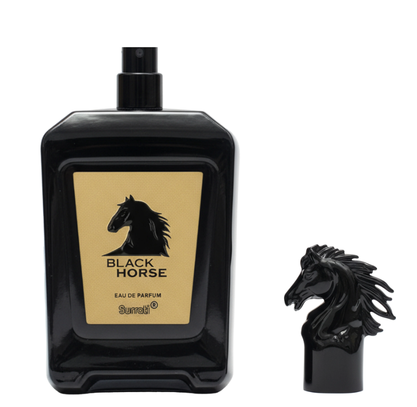 Black horse-shaped perfume bottle with a gold label reading BLACK HORSE and Surrati, shown next to a sculpted black horse cap on a white background.