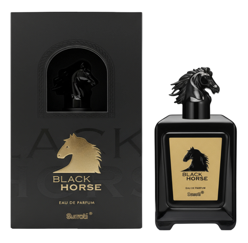 Black Horse Eau de Parfum by Surrati , featuring a black rectangular bottle with a horse-shaped cap and a gold label, shown next to its black packaging box with a gold horse logo.