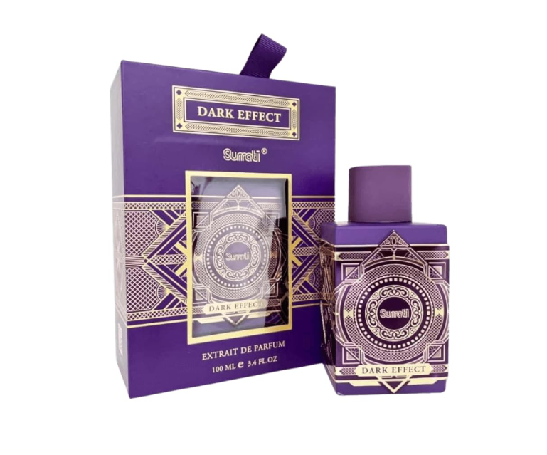 Surrati Dark Effect Extrait de Parfum 100ml bottle next to its purple and gold gift box packaging, on a plain white background.