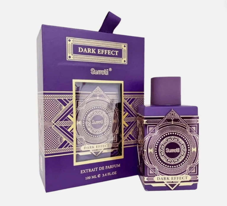 Surrati Dark Effect extrait de parfum gift set, featuring a purple and gold box next to a matching purple rectangular perfume bottle with a purple cap, on a light gray background.