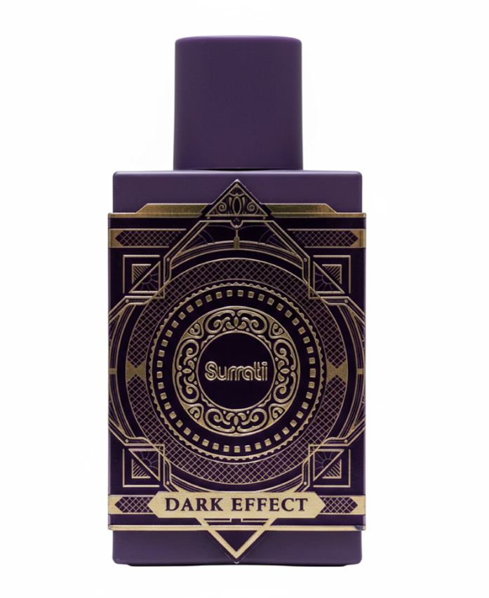 A rectangular purple perfume bottle with a matching purple cap, featuring an ornate gold geometric label that reads 'Surrati' and 'DARK EFFECT'.