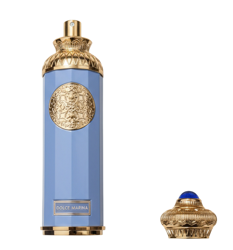 Dolce Marina perfume bottle in light blue with ornate gold detailing, shown next to its detached gold cap with a blue gem accent on a white background.