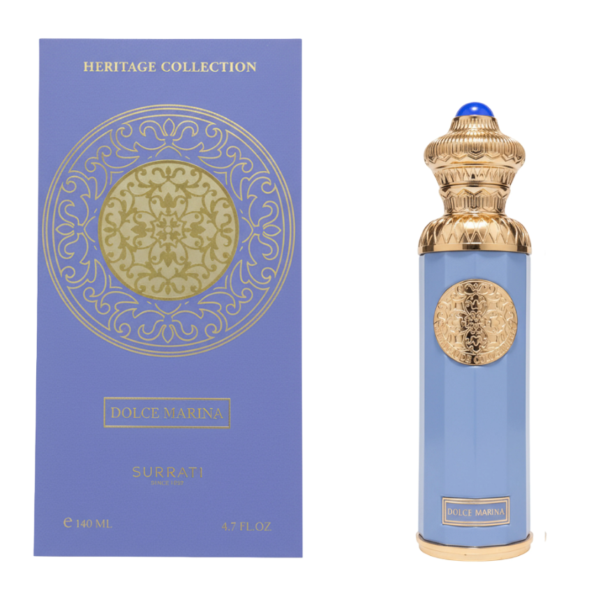 Dolce Marina Surrati perfume bottle in light blue with ornate gold detailing and a blue gem cap, shown next to its matching blue and gold Heritage Collection box.