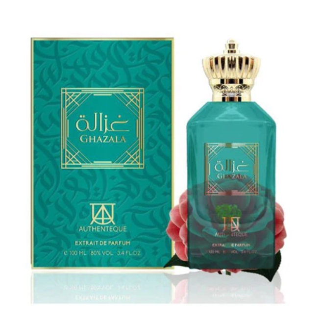 Ghazala Extrait de Parfum , featuring a teal glass bottle with a gold crown cap next to its matching teal patterned box, held by pink roses on a white background.
