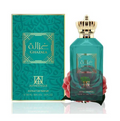 Ghazala Extrait de Parfum , featuring a teal glass bottle with a gold crown cap next to its matching teal patterned box, held by pink roses on a white background.