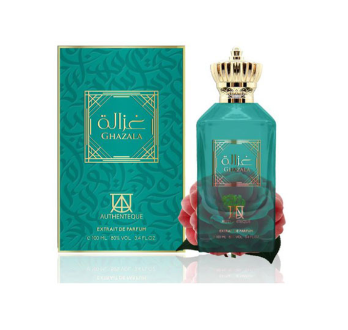 Ghazala Extrait de Parfum by Surrati
, featuring a teal glass bottle with a gold crown cap next to its matching teal patterned box, held by red roses on a white reflective surface.