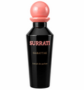 A bottle of Surrati Habaytak Extrait de Parfum, featuring a glossy black bottle with pink and gold lettering, topped with a spherical pink cap, set against a plain white background.