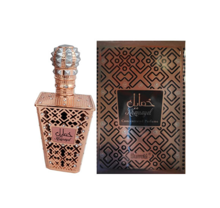 A perfume bottle and its matching outer box, both in a metallic copper/bronze tone with intricate geometric cutout patterns and a black central label. The bottle has a ribbed metallic cap, and the box features Arabic text and a geometric design.