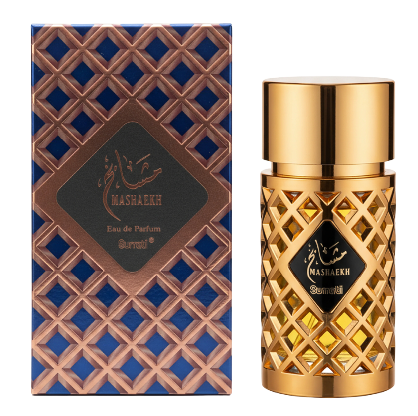A bottle of Mashaekh Eau de Parfum next to its retail box. The bottle is gold with a geometric cutout pattern, and the box is blue with a matching geometric pattern and a black central label.