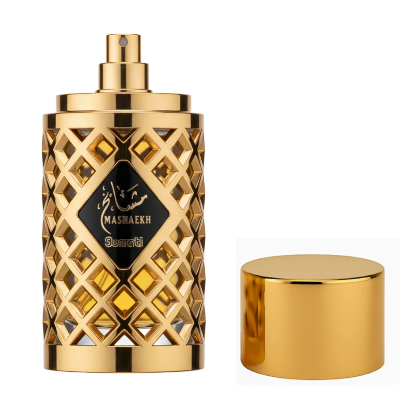 A gold cylindrical perfume bottle with a geometric lattice pattern and a black central label reading MASHAEKH, shown next to a separate matching gold cap on a white background.