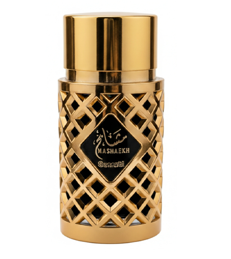 A gold cylindrical perfume bottle with a geometric lattice pattern and a black central label reading 'Mashaekh Suratti' in Arabic and English, set against a plain white background.